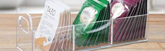 Plastic Condiment Organizer and Tea Bag Holder - 8-Compartment Kitchen Pantry/Countertop Storage Caddy - Divided Chip 0