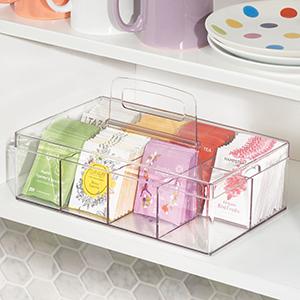 Plastic Condiment Organizer and Tea Bag Holder - 8-Compartment Kitchen Pantry/Countertop Storage Caddy - Divided Chip 4