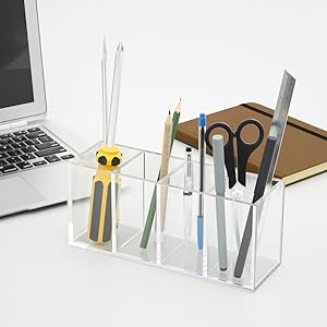 Acrylic Pen Holder 4 Compartments,Clear Pen Holder Organizer Makeup Brush Holder for Office Desk Accessories,Cosmetic 3