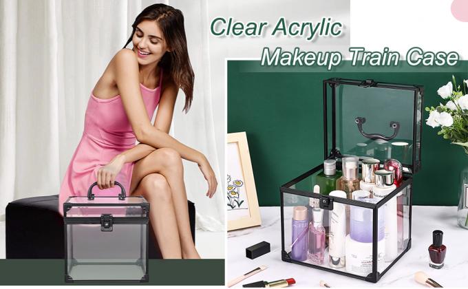 Portable Cosmetics & Toiletry Organizer Box, Clear Train Case  Latches & Handle Travel Makeup Tools Storage Organize 0
