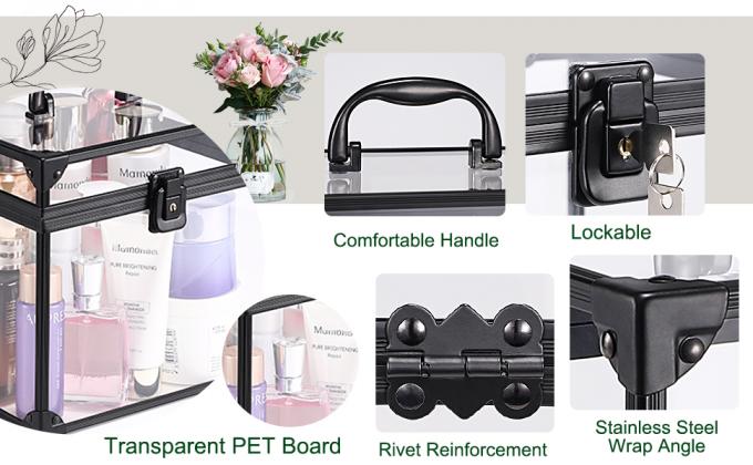 Portable Cosmetics & Toiletry Organizer Box, Clear Train Case  Latches & Handle Travel Makeup Tools Storage Organize 1