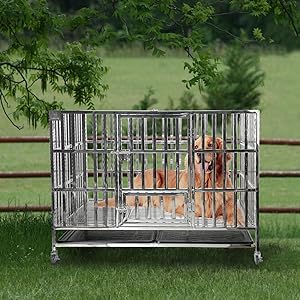 47 Inch Heavy Duty Stainless Steel Dog Cage High Anxiety Indestructible and Escape-Proof Dog Crate Kennel for Large 7