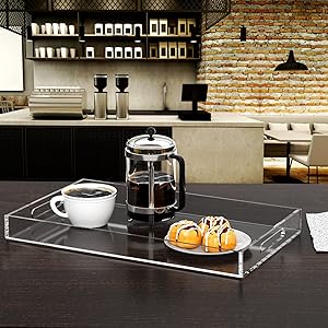 Clear Serving Tray Spill Proof- Acrylic Decorative Tray Organiser For Ottoman Coffee Table Countertop With Handles 7