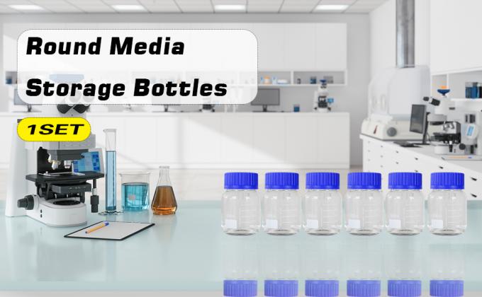 Wide Mouth Graduated Round Reagent Media/Storage Lab Glass Bottle Set With GL80 Blue Polypropylene Screw Caps 1