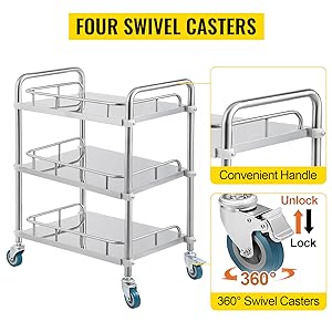 Lab Rolling Cart 3 Shelves Shelf Stainless Steel Rolling Cart Catering Dental Utility Cart Commercial Wheel Dolly 2