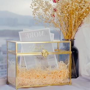 Glass Wedding Card Box With Slot, Clear Card Box Gold Brass Gift Card Storage Box Perfect For Wedding Receptions 5