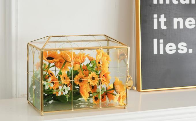 Glass Wedding Card Box with Slot, Large Clear Card Box Gold Brass Gift Card Storage Box with Lock for Wedding 0