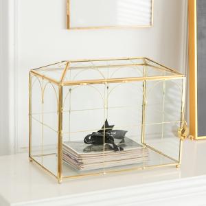 Glass Wedding Card Box with Slot, Large Clear Card Box Gold Brass Gift Card Storage Box with Lock for Wedding 2