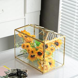 Glass Wedding Card Box with Slot, Large Clear Card Box Gold Brass Gift Card Storage Box with Lock for Wedding 3