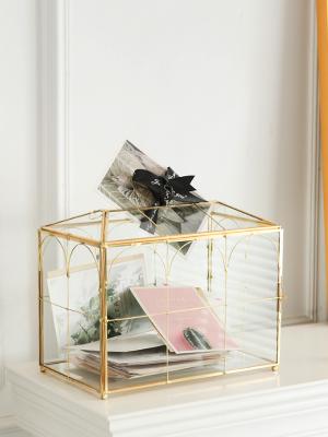Glass Wedding Card Box with Slot, Large Clear Card Box Gold Brass Gift Card Storage Box with Lock for Wedding 4