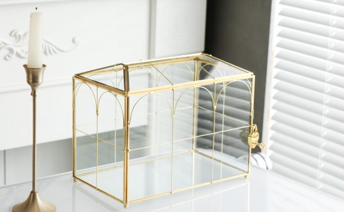 Glass Wedding Card Box with Slot, Large Clear Card Box Gold Brass Gift Card Storage Box with Lock for Wedding 6