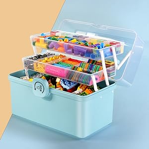 Box With 3-Tier Fold Tray,Tool Organizer Portable Handled Case,Portable Lockable Container For Arts, Crafts,Cosmetic 0