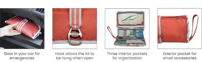 stow in car, hook allows kit to be hung, 3 interior pockets, 1 exterior pocket
