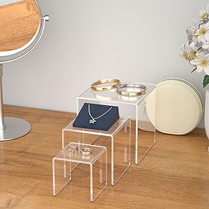 Clear Acrylic Display Risers 2 Sets, 3-Tier Risers Stands Showcase For Amiibo Funko Pop Figures, Dessert, Jewelry 7