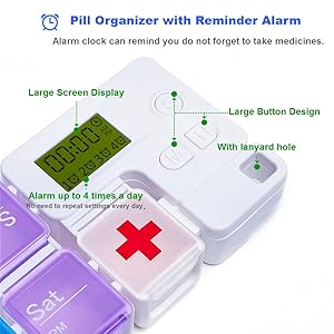 7 Day Medicine Pill Organizer, 4 Reminder Alarms, Loud Sound, 14 Large Compartments, Large Screen, Moisture-Proof, Travel Weekly/Daily Pill Box/Organizer/Case/Container/Dispenser, AM/PM 2 Times A Day 1