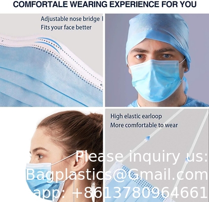 Disposable Blue Face Mask, Soft On Skin, Pack Of 3-Ply Masks Facial Cover Elastic Earloops Great For Home, Office