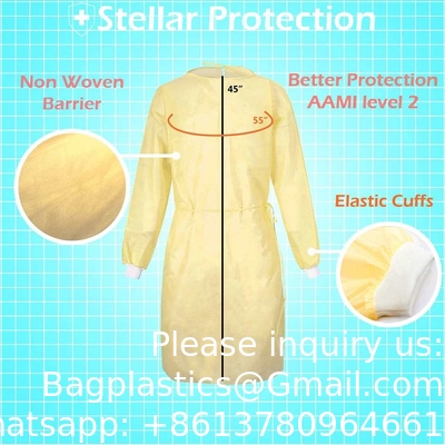 Hospital Doctor AAMI Level 2 Yellow PP SMS Patient Disposable Isolation Gowns Fluid Resistant, Dental, Medical