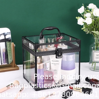 Portable Cosmetics &amp; Toiletry Organizer Box, Clear Train Case  Latches &amp; Handle Travel Makeup Tools Storage Organize