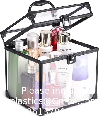 Portable Cosmetics &amp; Toiletry Organizer Box, Clear Train Case  Latches &amp; Handle Travel Makeup Tools Storage Organize