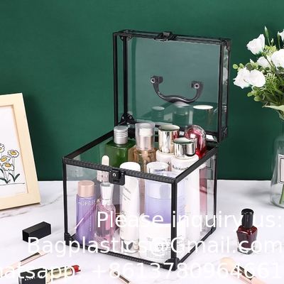 Portable Cosmetics &amp; Toiletry Organizer Box, Clear Train Case  Latches &amp; Handle Travel Makeup Tools Storage Organize