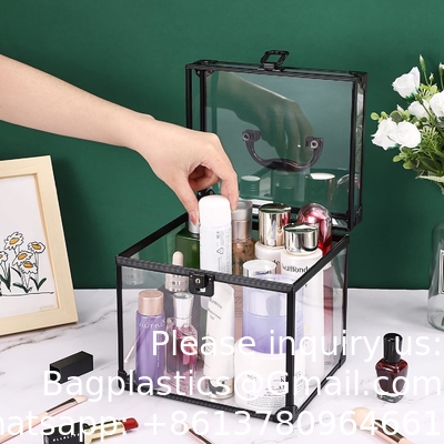 Portable Cosmetics &amp; Toiletry Organizer Box, Clear Train Case  Latches &amp; Handle Travel Makeup Tools Storage Organize