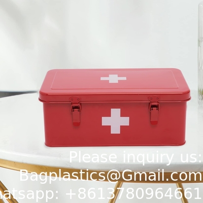 First Aid Kit Supplies Bin, Metal Medicine Storage Tin, First Aid Empty Box with Safety Lock Home Emergency Tool Set