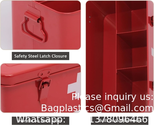 First Aid Kit Supplies Bin, Metal Medicine Storage Tin, First Aid Empty Box with Safety Lock Home Emergency Tool Set