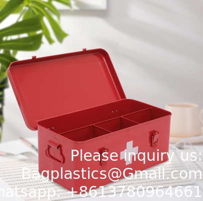 First Aid Kit Supplies Bin, Metal Medicine Storage Tin, First Aid Empty Box with Safety Lock Home Emergency Tool Set