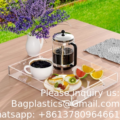 Clear Serving Tray Spill Proof- Acrylic Decorative Tray Organiser For Ottoman Coffee Table Countertop With Handles