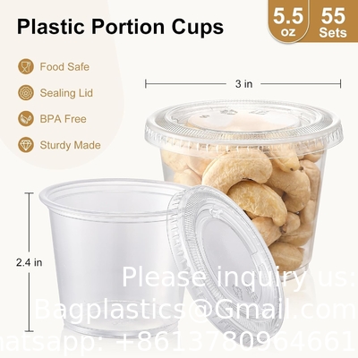 5.5 oz Portion Cups With Lids, Jello Shot Cups, Small Plastic Containers, Airtight and Stackable Souffle Cups