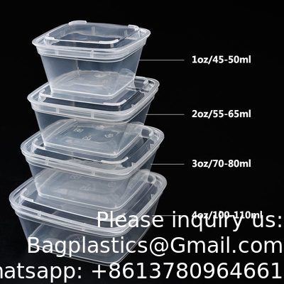 1oz 2oz 3oz 4oz Square Disposable Chili Sauce Cups Take Out PP Material Clear Plastic Portion Cup With Hinged Lid