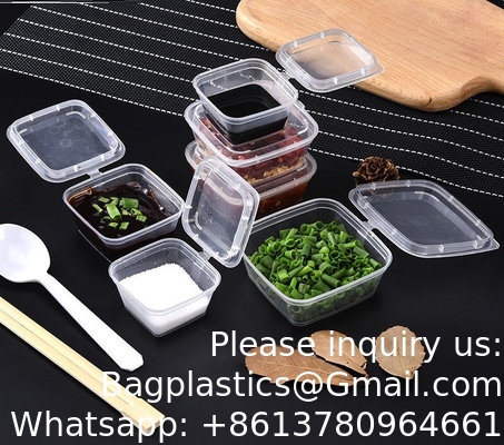 1oz 2oz 3oz 4oz Square Disposable Chili Sauce Cups Take Out PP Material Clear Plastic Portion Cup With Hinged Lid