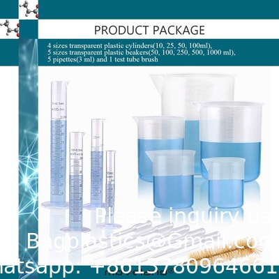 Plastic Graduated Cylinders and Beakers with 5 Pipettes, 10ml 25ml 50ml 100ml Cylinders, 50ml 100ml 250ml 500ml 1000ml
