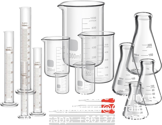 Lab Glassware Include 4 Graduated Cylinder Set, 4 Glass Beaker Set, 3 Glass Dropper, 4 Stirring Rod, 5 Measuring Cups