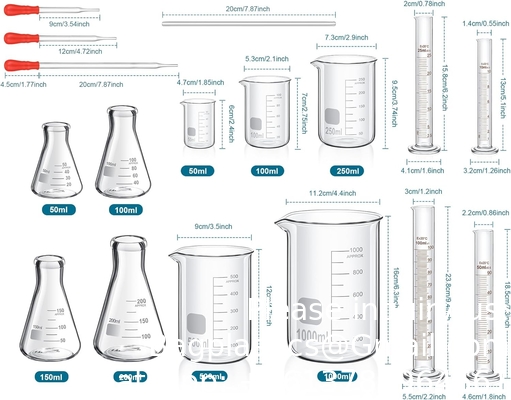 Lab Glassware Include 4 Graduated Cylinder Set, 4 Glass Beaker Set, 3 Glass Dropper, 4 Stirring Rod, 5 Measuring Cups