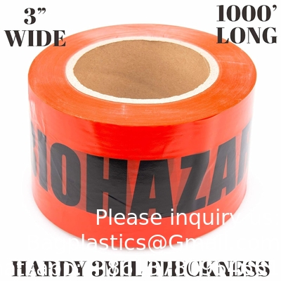 Biohazard Warning Tape with Black Imprint, Legend &quot;Biohazard&quot; (with Logo), 55 yd. Length x 2&quot; Width, 3&quot; Diameter Core