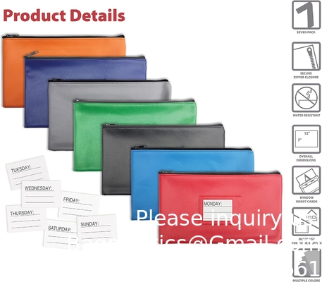 Zipper Security Bank Deposit Bag, Clear Window &amp; 14 Insert Cards Cash Bag, Utility Pouch, Assorted 7 Colors
