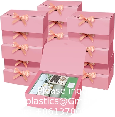Gift Boxes With Lids, Pink 10X8X4 Inch Gift Boxes, Bridesmaid Proposal Box With Ribbon, Kraft Paper Boxes For Wedding