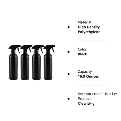 Plastic Spray Bottles Black For Cleaning Solutions 16 Oz (Pack Of 4), Heavy Duty Refillable Reusable Empty Spray