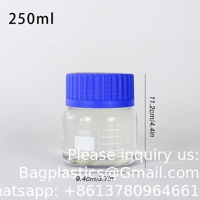 Wide Mouth Graduated Round Reagent Media/Storage Lab Glass Bottle Set With GL80 Blue Polypropylene Screw Caps