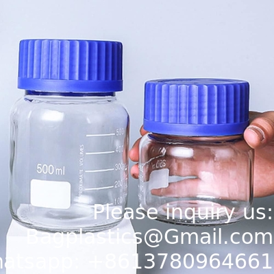 Wide Mouth Graduated Round Reagent Media/Storage Lab Glass Bottle Set With GL80 Blue Polypropylene Screw Caps