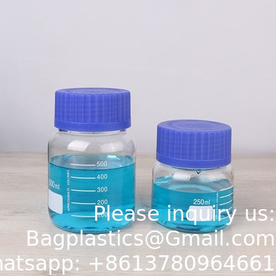 Wide Mouth Graduated Round Reagent Media/Storage Lab Glass Bottle Set With GL80 Blue Polypropylene Screw Caps