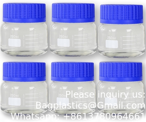 Wide Mouth Graduated Round Reagent Media/Storage Lab Glass Bottle Set With GL80 Blue Polypropylene Screw Caps