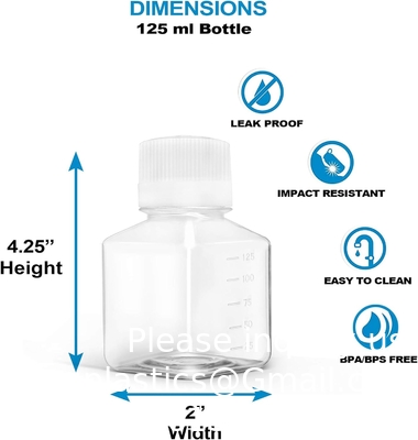 Scientific 125 Ml Plastic Reagent Bottle 6-Pack Laboratory Chemical Storage - Clear Graduated Square Polycarbonate