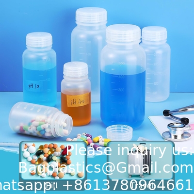Laboratory Polypropylene Wide Mouth Reagent Bottle with Graduated Scale, Reusable Plastic Bottles with Caps