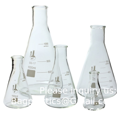 Narrow Mouth Erlenmeyer Flask With Rubber Stopper Glass Flask 5 Piece Set, Narrow Mouth Erlenmeyer, Borosilicate