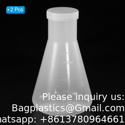 1000ml Plastic Erlenmeyer Flask With Screw Caps, 2 Pack Narrow Mouth Conical Flask For Laboratory, Clear