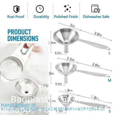 Funnels For Filling Bottles, 3 Pcs Stainless Steel Kitchen Funnel Set With Long Handle, Food Grade Mini Metal Funnel