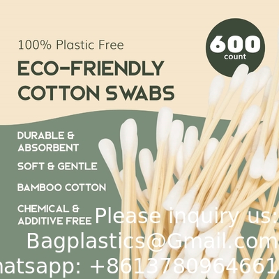 Organic Cotton Swabs 600 Pack - Biodegradable Vegan Bamboo Cotton Buds With Plant-Based Packaging, Wooden Ear Swabs
