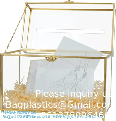 Glass Wedding Card Box With Slot, Clear Card Box Gold Brass Gift Card Storage Box Perfect For Wedding Receptions